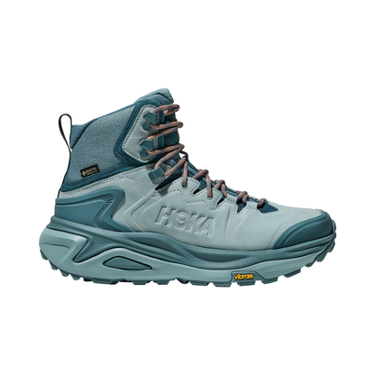 Hoka Kaha 3 GTX women's hiking shoe in blue, showcasing its mid-cut design and weather-ready features for outdoor adventures.