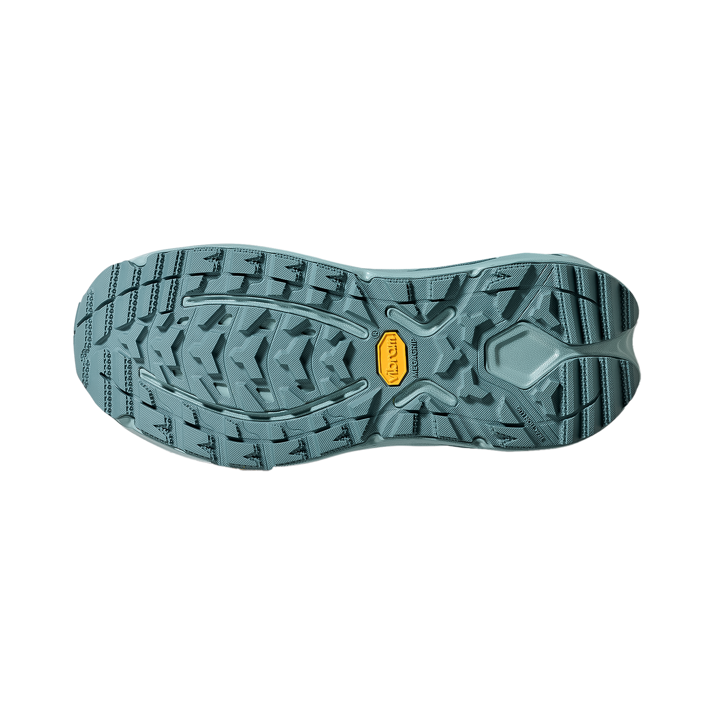 The blue sole of the Hoka Kaha 3 GTX hiking boot, featuring traction lugs for enhanced grip and stability on trails.