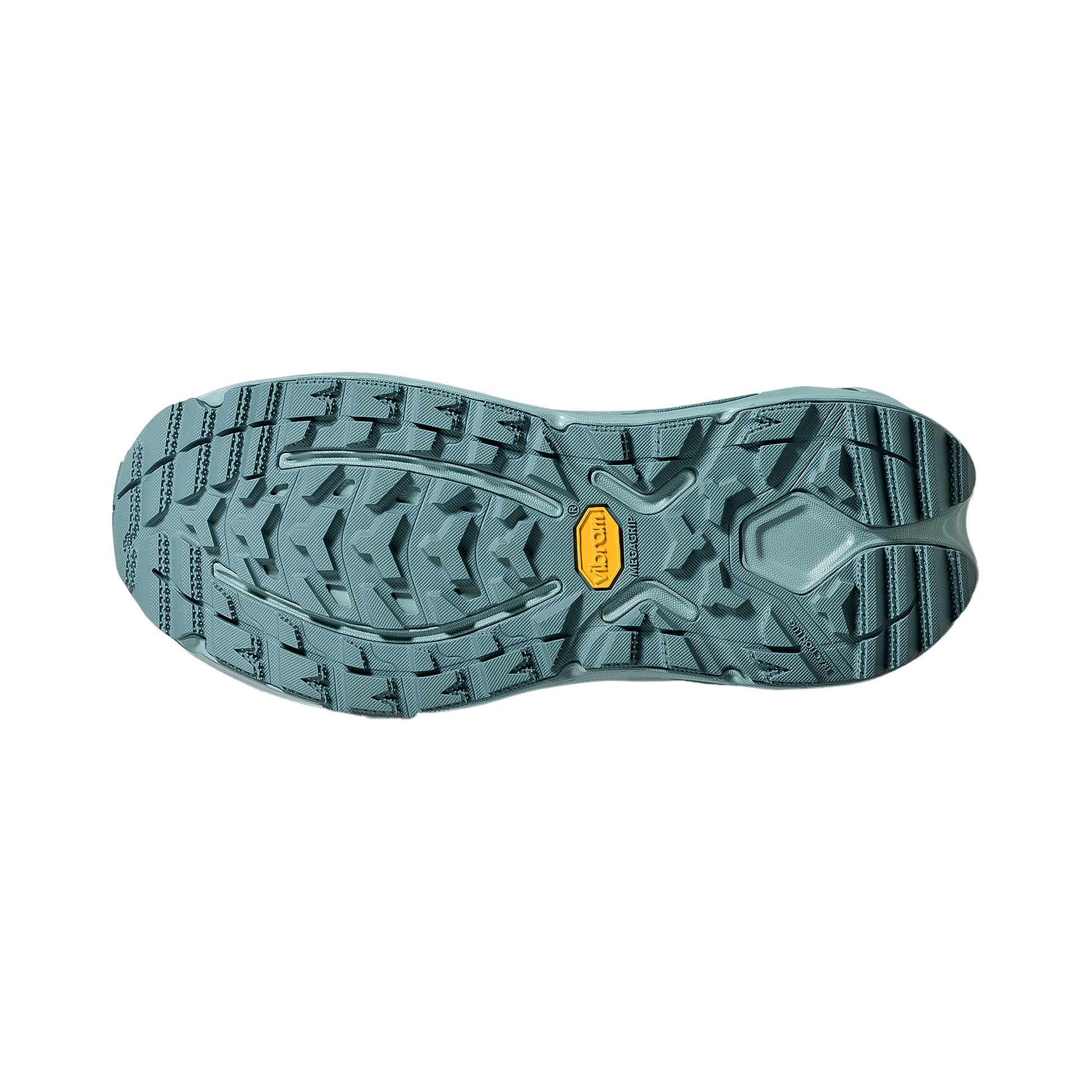 The blue sole of the Hoka Kaha 3 GTX hiking boot, featuring traction lugs for enhanced grip and stability on trails.