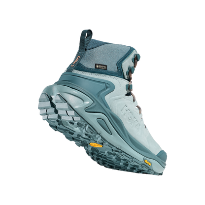 Women's Hoka Kaha 3 GTX trail shoe in blue, designed for long-distance hiking with advanced waterproof and cushioning technology.