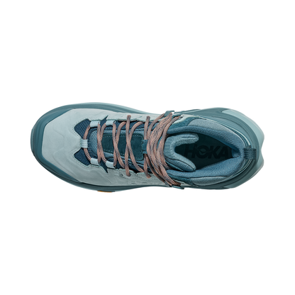 Women's blue Hoka Kaha 3 GTX hiking shoe with laces, showcasing its durable design for outdoor adventures.