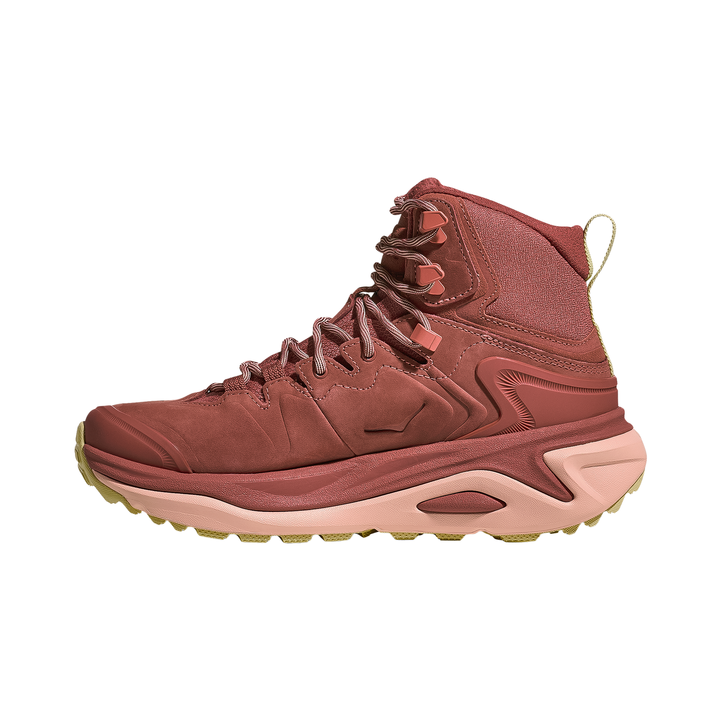 Burgundy women's Hoka Kaha 3 GTX hiking shoe, highlighting its plush cushioning and durable waterproof materials.