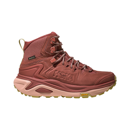 Women's Hoka Kaha 3 GTX trail shoe in burgundy, showcasing its mid-cut design and weather-ready features for hiking.