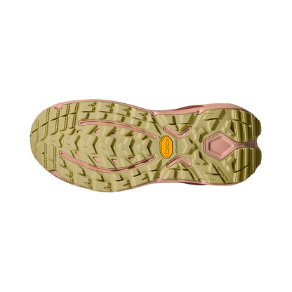 The sole of the Hoka Kaha 3 GTX hiking boot in light pink and yellow, highlighting its grip and stability for outdoor activities.