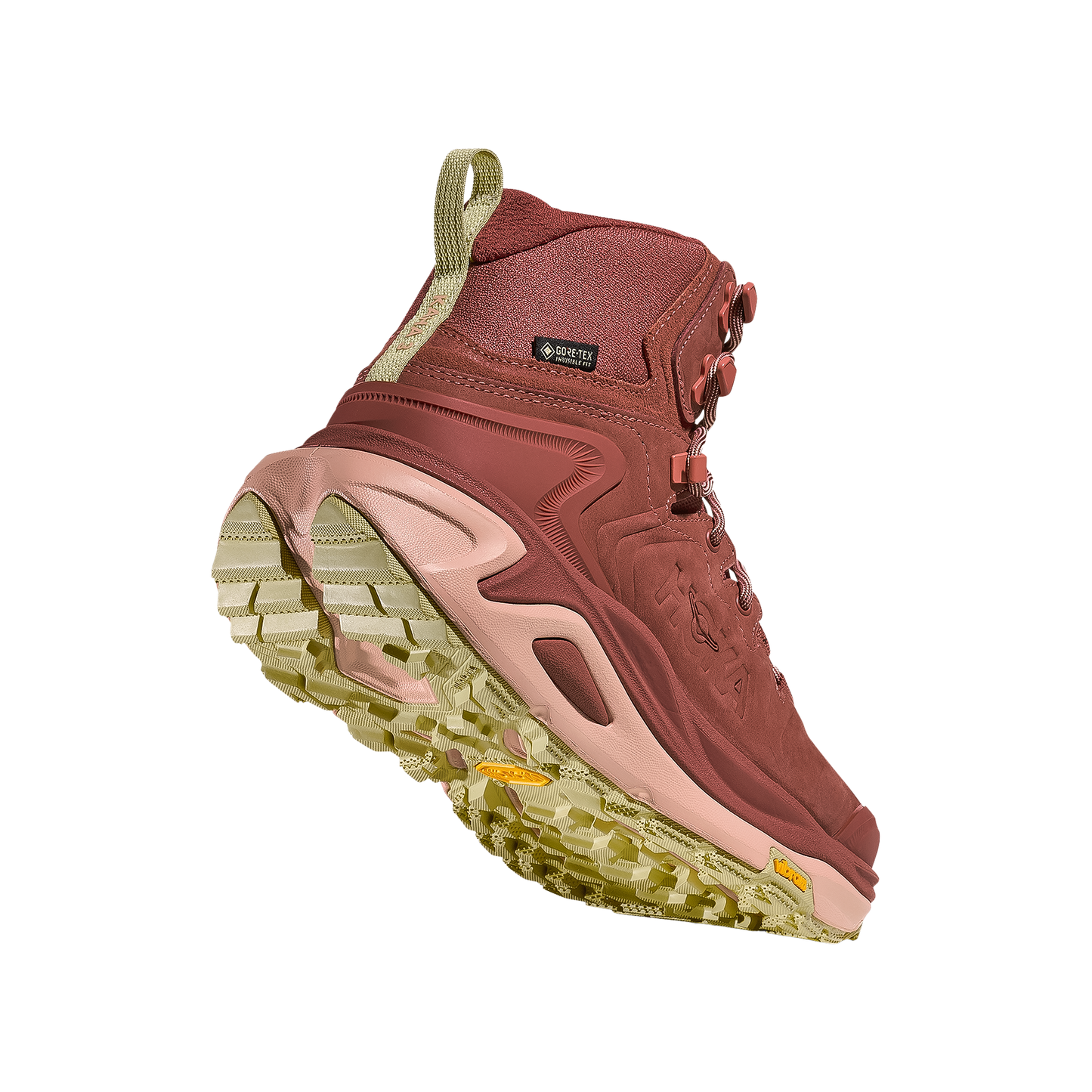 Women's Hoka Kaha 3 GTX in burgundy designed for long-distance hiking with superior traction and support