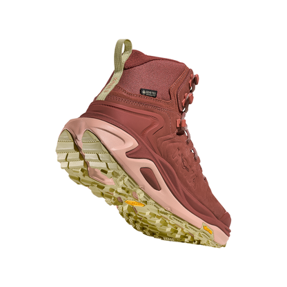 Women's Hoka Kaha 3 GTX in burgundy designed for long-distance hiking with superior traction and support