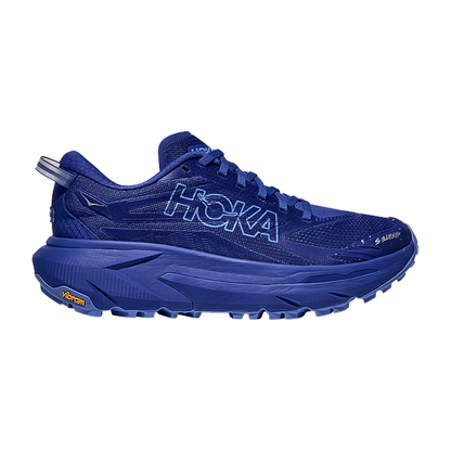 HOKA Mafate 5 women's trail running shoe in color blue, featuring plush cushioning, aggressive traction, and a secure fit for mountain adventures.