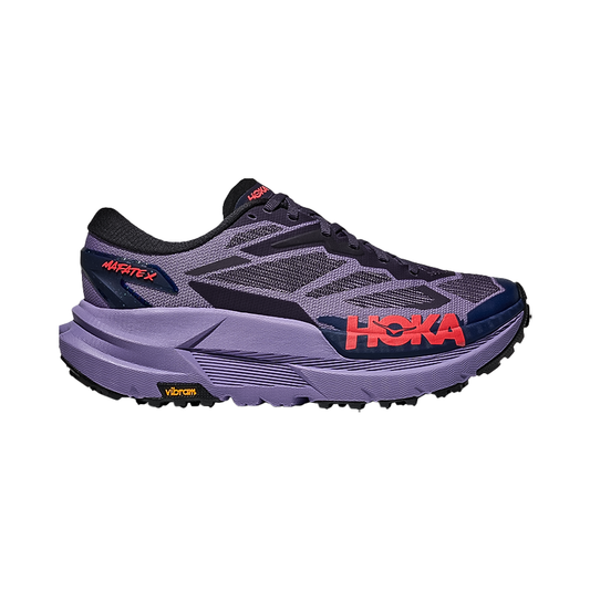Hoka One One women's Mafate X trail shoes, featuring breathable upper, cushioned midsole, and Vibram outsole for traction.