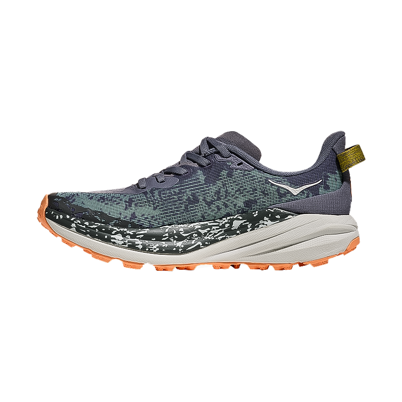 Gray Hoka One One Speedgoat 6 women's trail runners for stability and comfort on rugged trails.