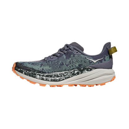 Gray Hoka One One Speedgoat 6 women's trail runners for stability and comfort on rugged trails.