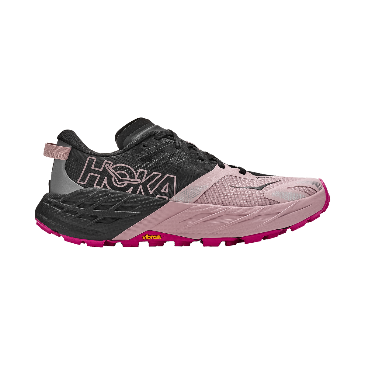 Hoka Speedgoat 7 women's trail running shoes in black and pink with aggressive traction and cushioning for technical terrain and long distances.