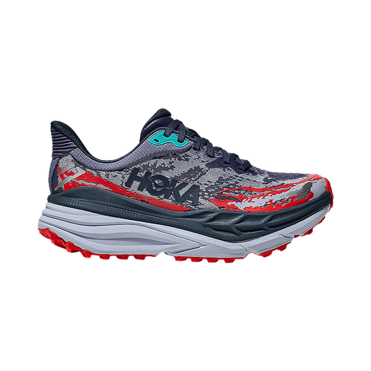 Hoka One One Stinson 7 in navy, blue, and red, designed for all-terrain comfort and performance.