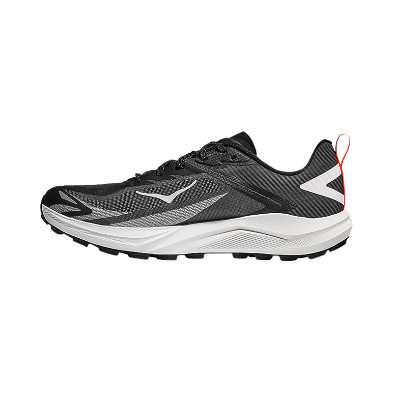Black and wite Hoka One One women's Zinal 3 trail running shoe, offering a low-profile midsole, aggressive lugs, and breathable mesh for fast runs.