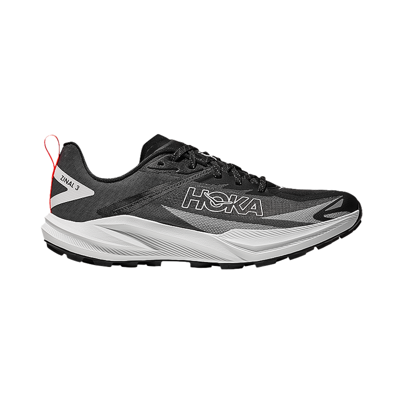 Hoka One One women's Zinal 3 trail running shoe in black and white, designed for agility with a lightweight upper and responsive traction on technical terrain.