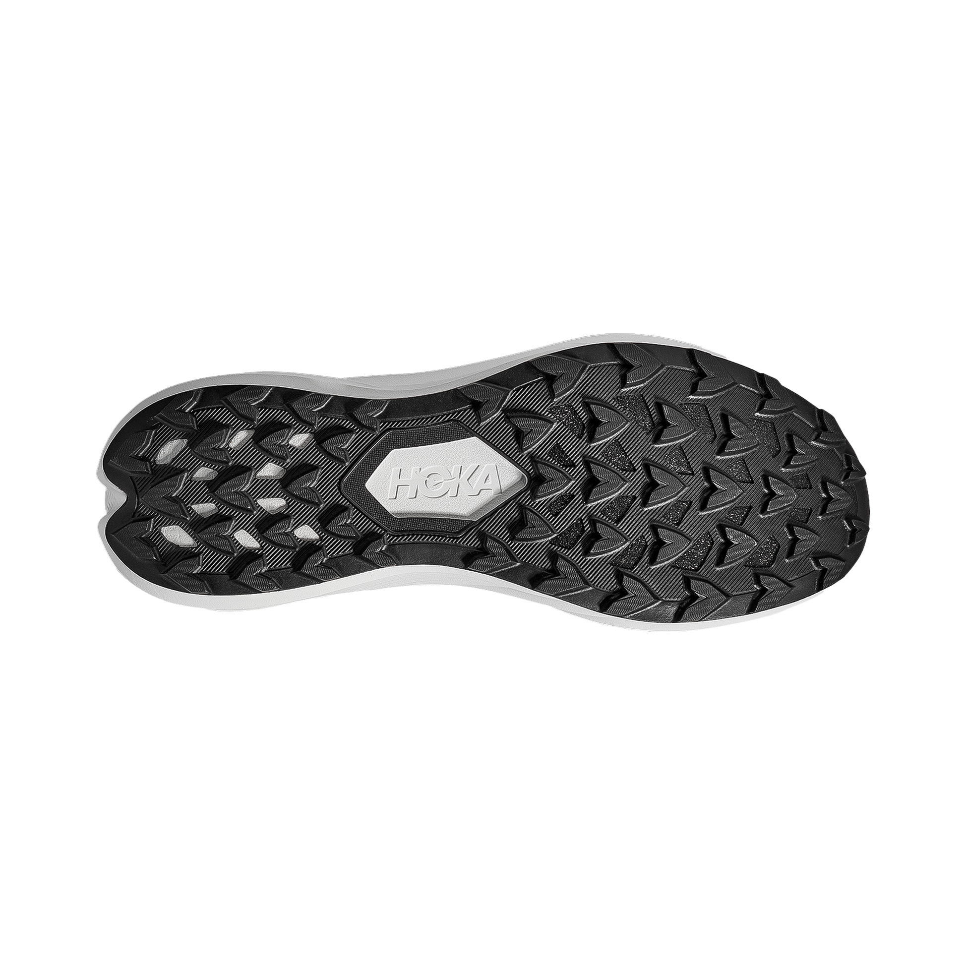 Detailed view of the Hoka Zinal 3 shoe sole, highlighting multidirectional lugs designed for grip on various surfaces.
