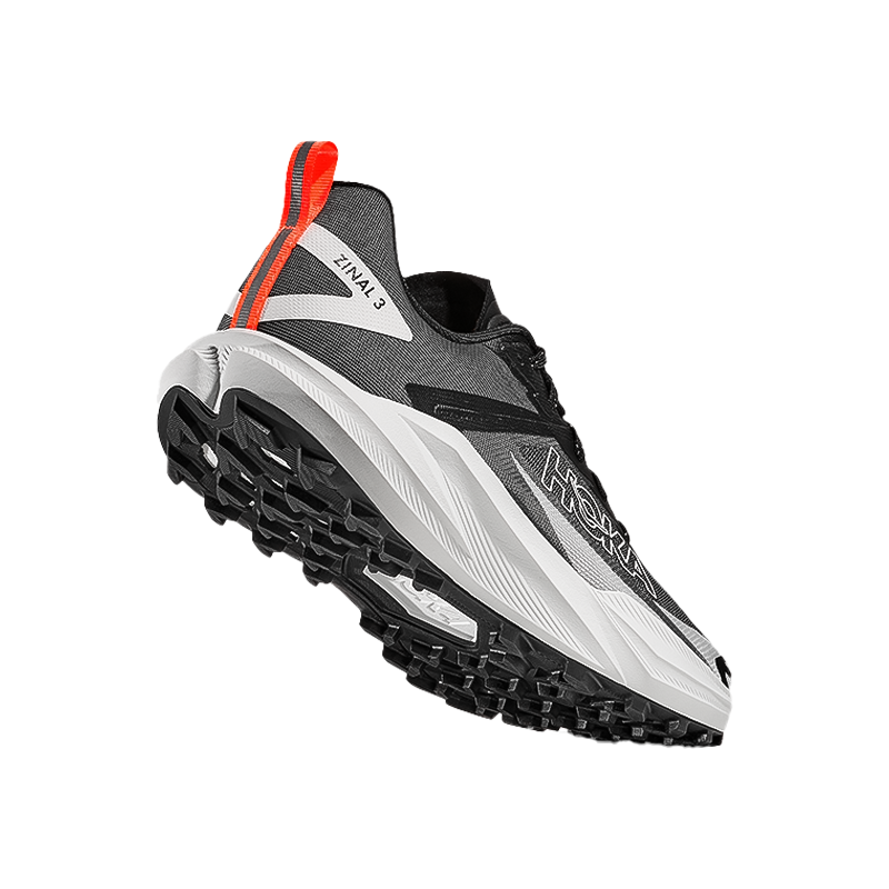 Black and white Hoka Zinal 3 trail running shoes, featuring a lightweight design and aggressive traction for technical terrain.