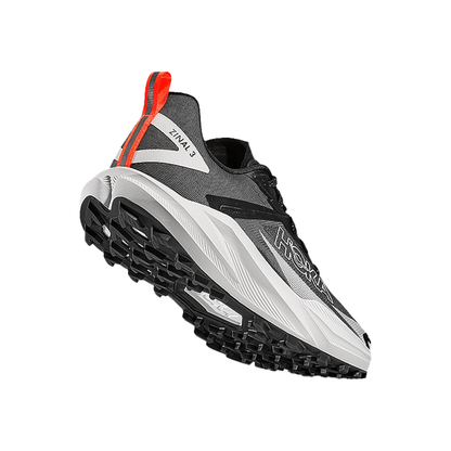 Black and white Hoka Zinal 3 trail running shoes, featuring a lightweight design and aggressive traction for technical terrain.