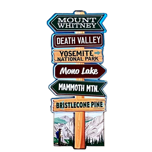 Decorative sign magnet with various destinations like Mount Whitney and Yosemite National Park on a white background.