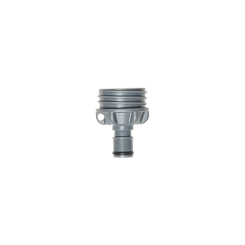 Grey plastic water bottle adapter against a white background, compatible with 28mm filters and HydraPak storage solutions.