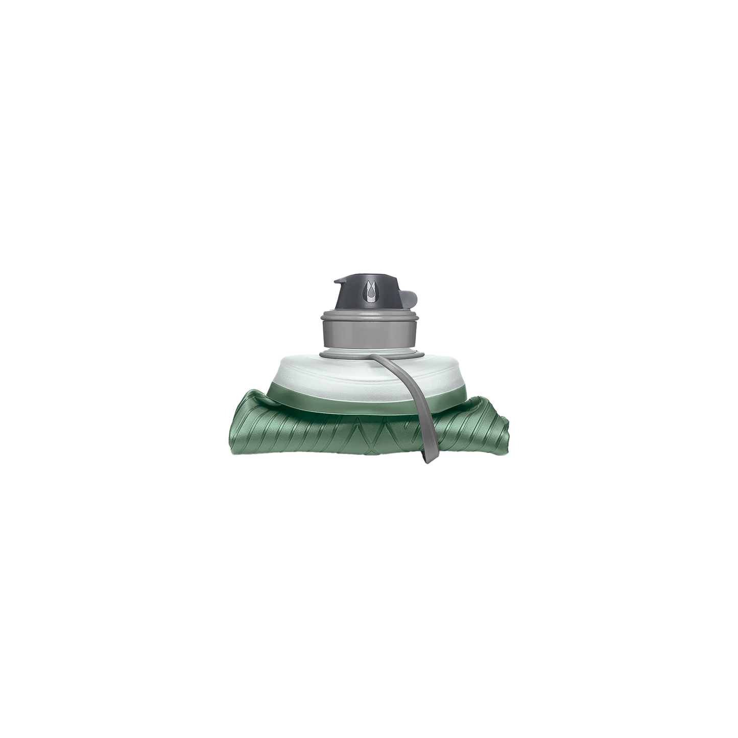 Collapsed green Hydrapak Flux bottle with a bail handle, designed for easy carrying and storage.