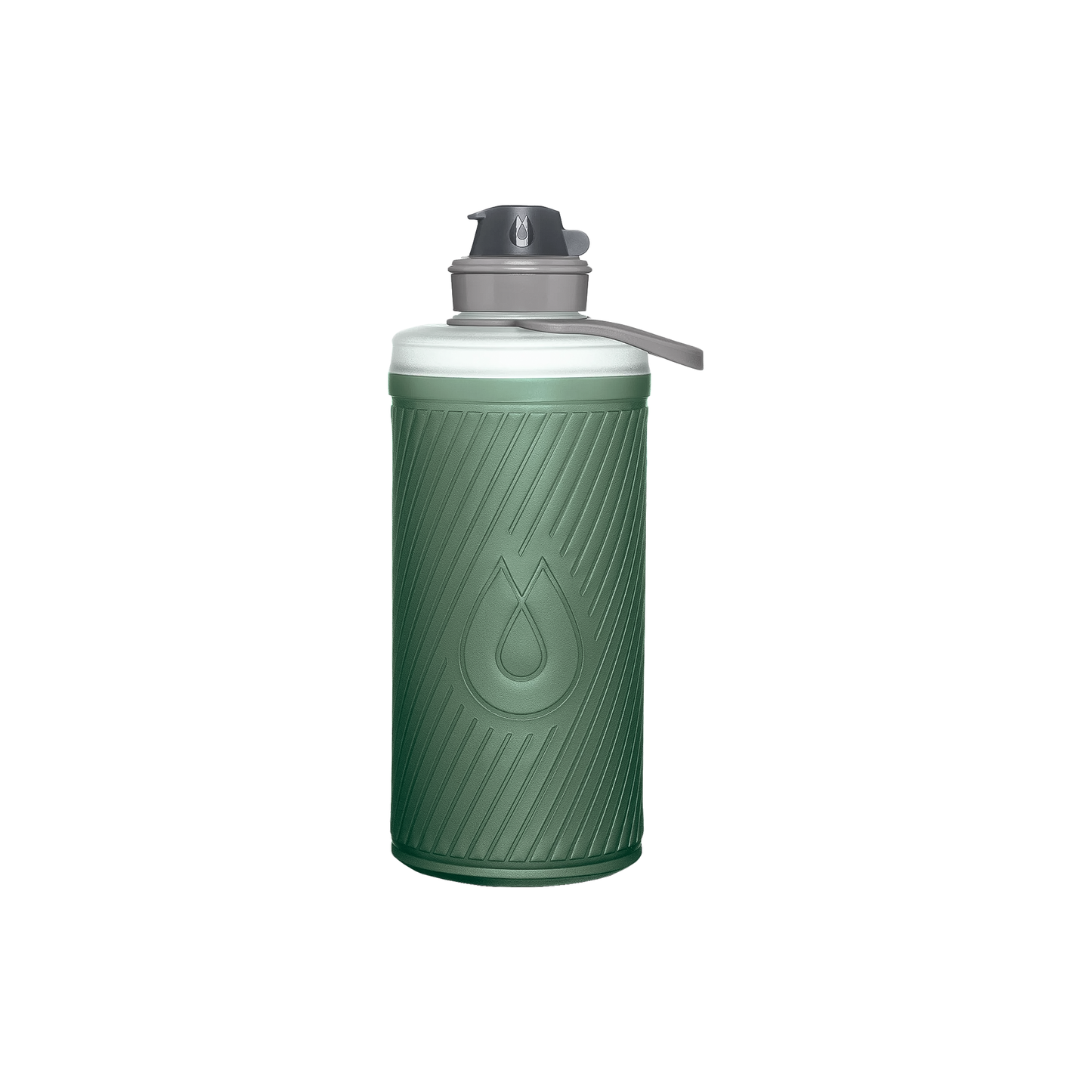 Green collapsible water bottle with a lid, showcasing a twist-drink nozzle and bail handle for convenient hydration on the go.