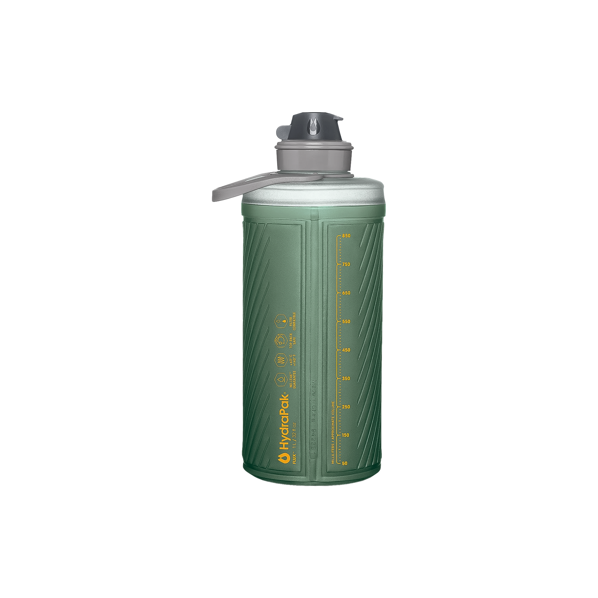 Green Hydrapak Flux bottle with a lid, designed for flexible hydration, standing upright on a surface.