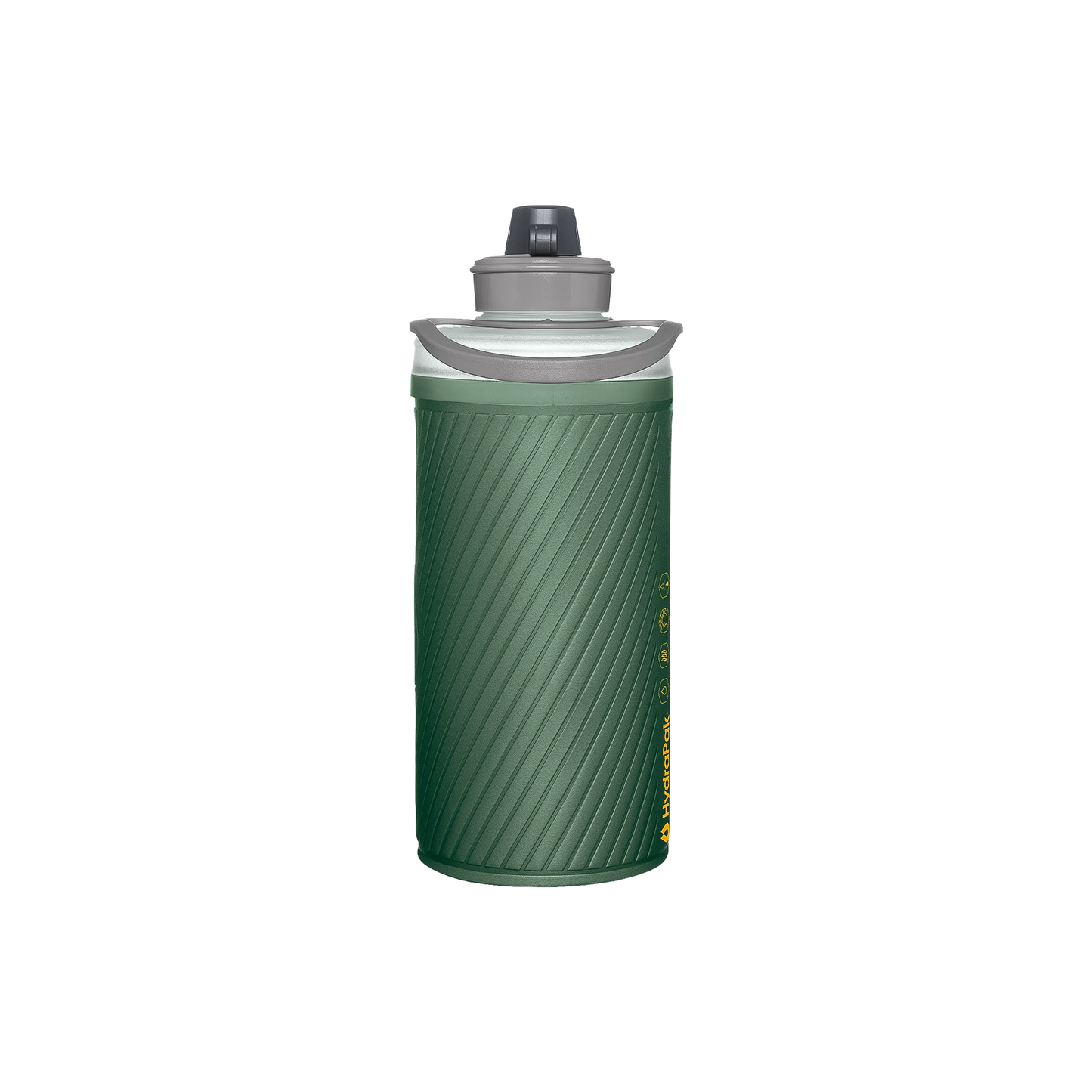 Green Hydrapak Flux bottle with a twist-drink nozzle and lid, perfect for on-the-go hydration while hiking or camping.