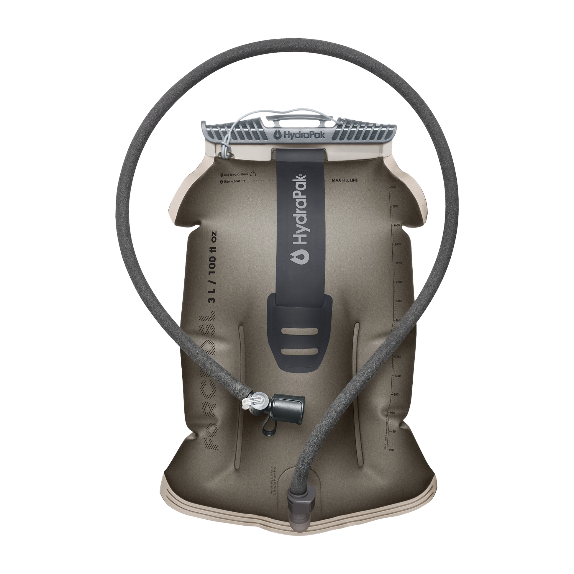 Large dark gray hydration reservoir with a hose, designed for outdoor use, showcasing rugged construction and compact shape.