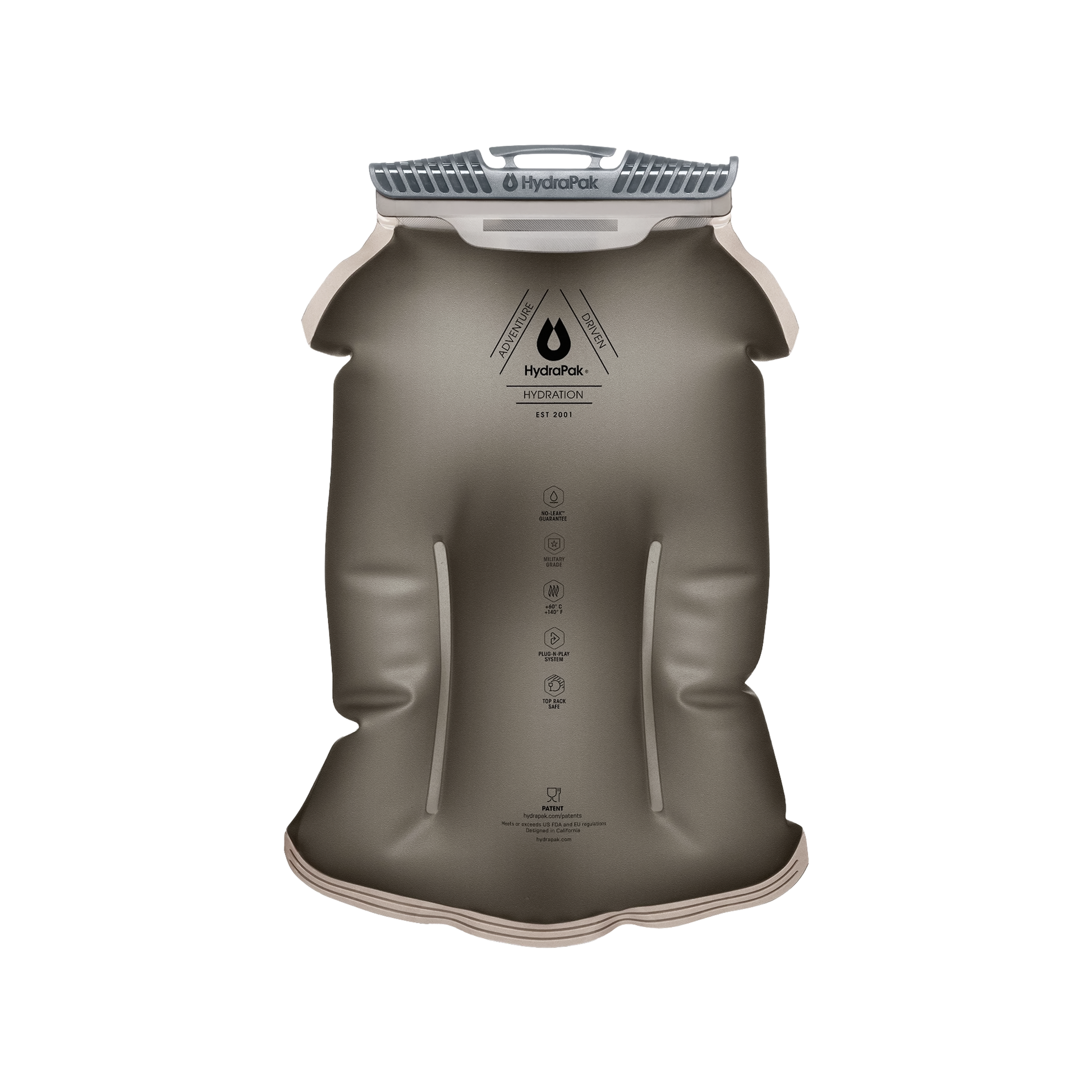 Outdoor hydration reservoir with a hose in dark gray, emphasizing its rugged build and compact profile for demanding environments.