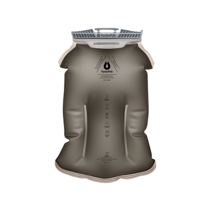 Outdoor hydration reservoir with a hose in dark gray, emphasizing its rugged build and compact profile for demanding environments.