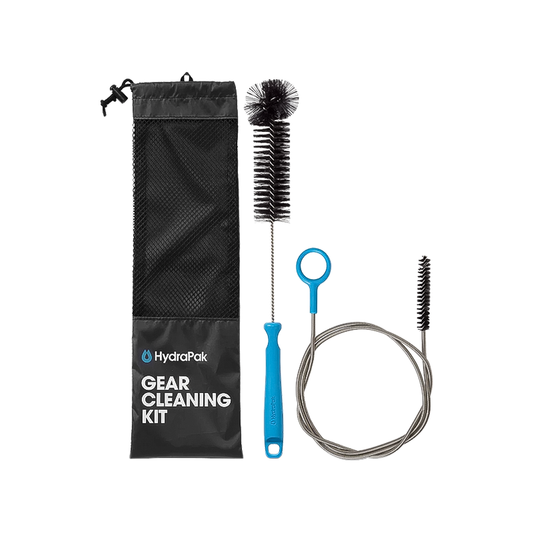 Hydrapak Gear Cleaning Kit with two brushes and a mesh bag for maintaining hydration systems, ensuring clean and safe water.