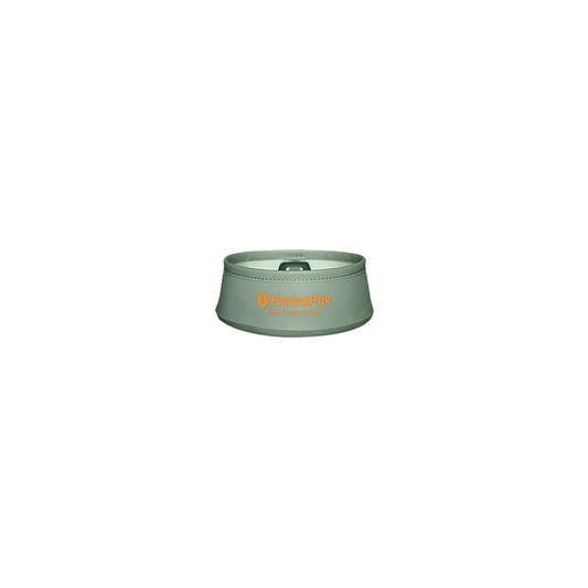 Green bowl with an orange logo, compact and ideal for dog hydration during hikes.  