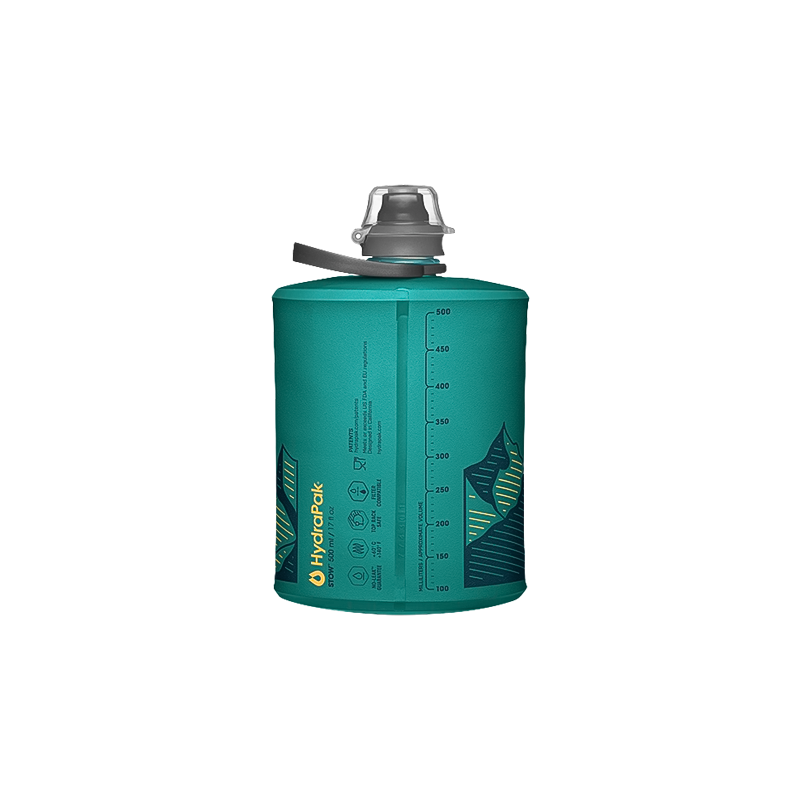 A blue green compact, mountain-printed flask, perfect for trails, featuring a spill-proof nozzle and lightweight design.