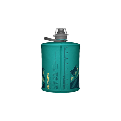 A blue green compact, mountain-printed flask, perfect for trails, featuring a spill-proof nozzle and lightweight design.