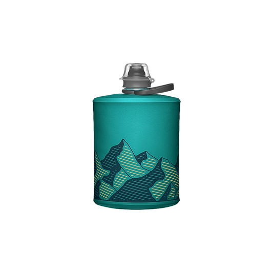Blue green mountain-themed hydration bottle, made for outdoor use, lightweight, spill-proof, and compact for easy transport on hikes.