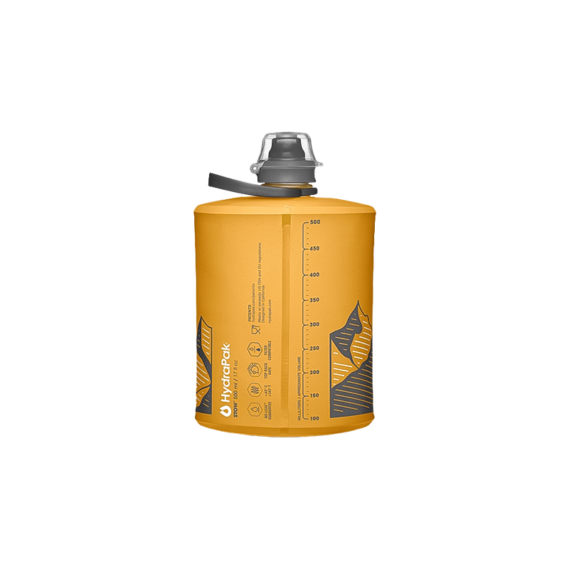 Yellow mountain-themed flask, made of durable material, designed for easy carrying and compact stowing on outdoor adventures.