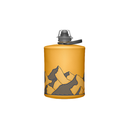 Lightweight yellow flask with a mountain design, perfect for hiking, featuring a spill-proof nozzle and compact storage.