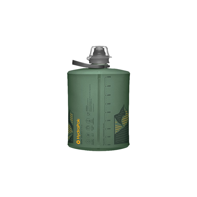 A green mountain-printed flask, perfect for hiking, lightweight, and compact for easy storage when not in use.