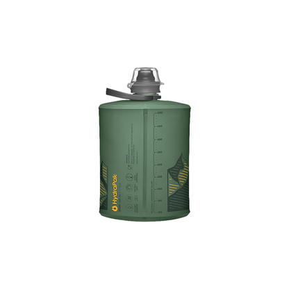 A green mountain-printed flask, perfect for hiking, lightweight, and compact for easy storage when not in use.