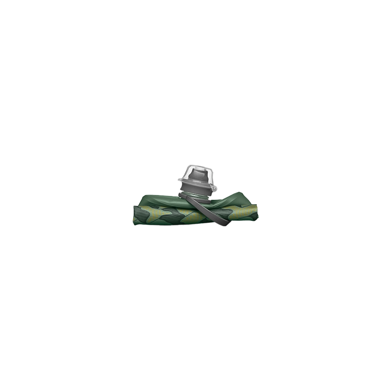 A lightweight folded green flask featuring a mountain design, ideal for hiking and easily stows away when not in use.