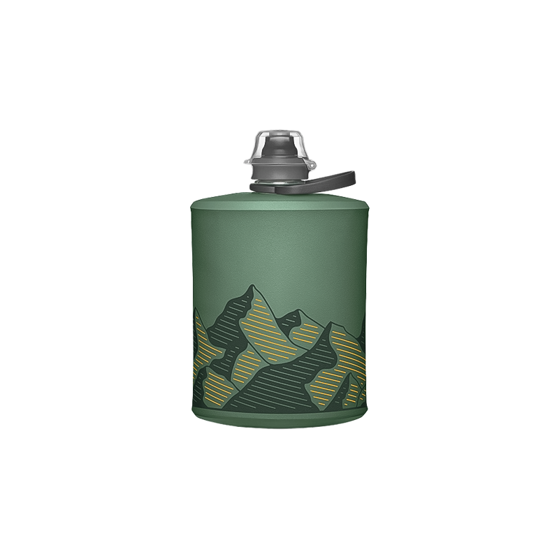 A green mountain-themed flask, designed for easy carrying on hikes, lightweight, and stows compactly when empty.