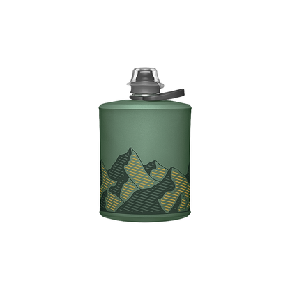 A green mountain-themed flask, designed for easy carrying on hikes, lightweight, and stows compactly when empty.