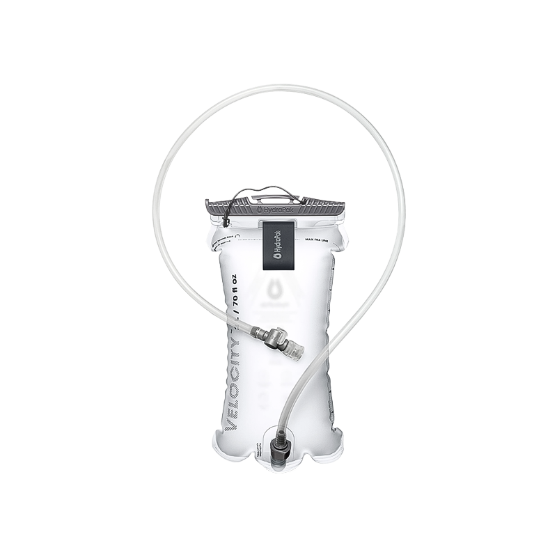 Clear Hydrapak Velocity water bladder with a hose, designed for easy filling and leakproof hydration during outdoor activities.