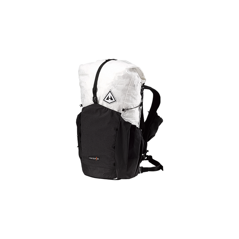 Ultralight black and white backpack with contoured design, 35L capacity, ideal for long-distance hiking.