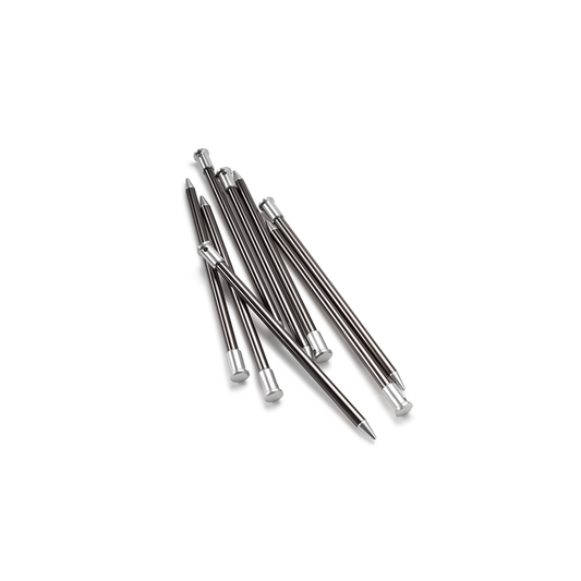 A set of metal tent stakes on a white background, designed for stability in rough weather.  