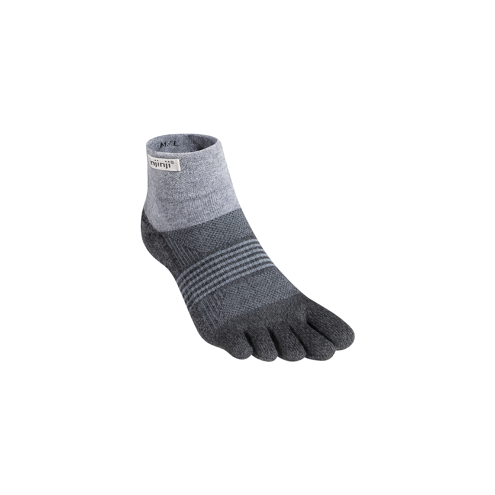 Grey and black Injinji Women’s Trail Midweight Mini-Crew toe sock, featuring individual toe sleeves and a double-cuff design.