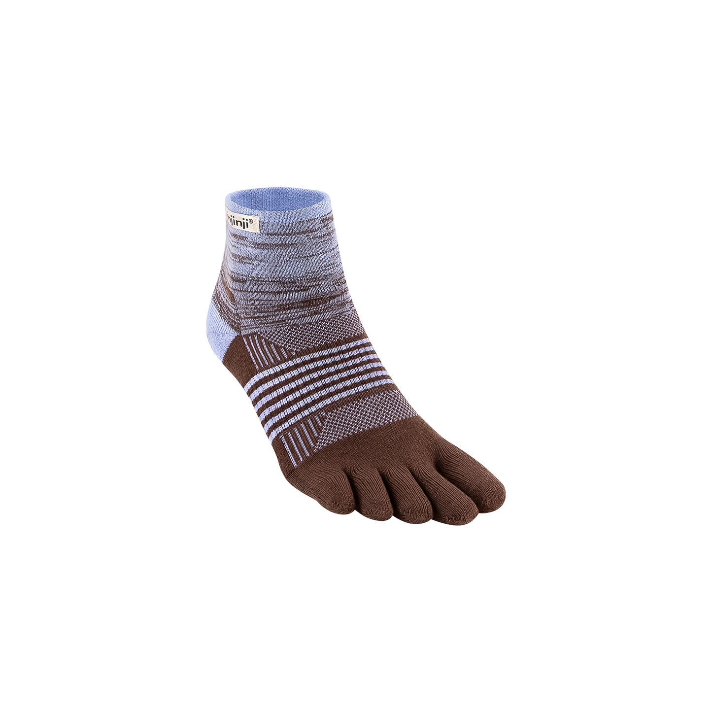 Close-up of a brown and lilac Injinji women’s toe sock, highlighting its five-toe design and midweight cushioning for comfort.