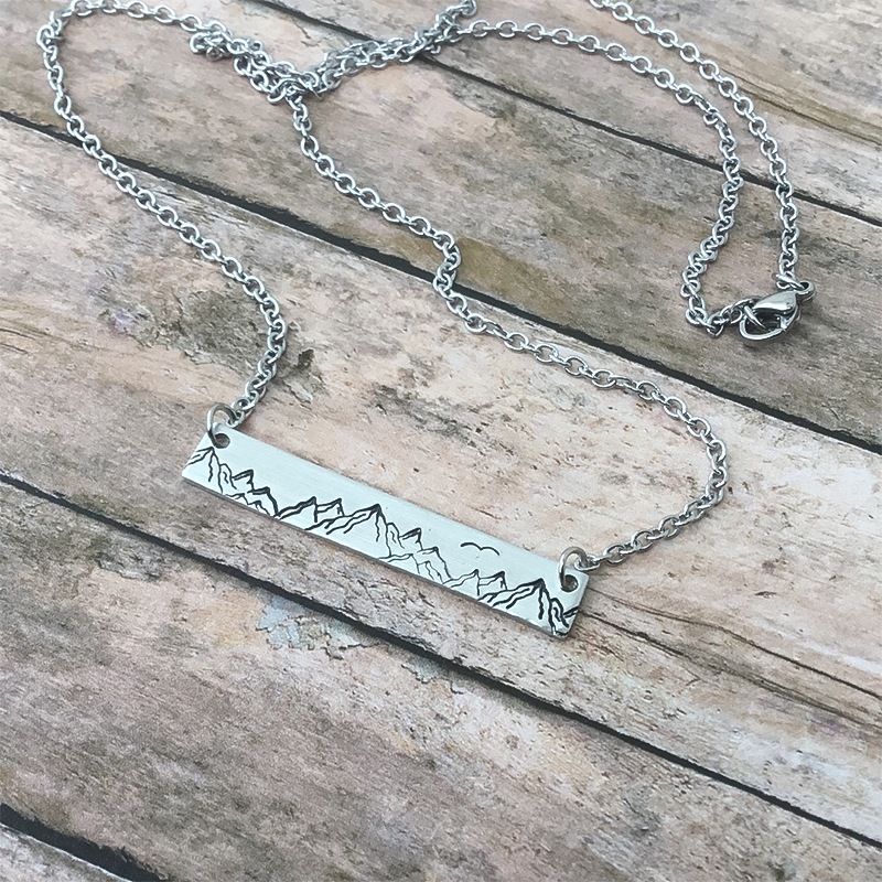 Mountain Range Stamped Bar Silver Necklace