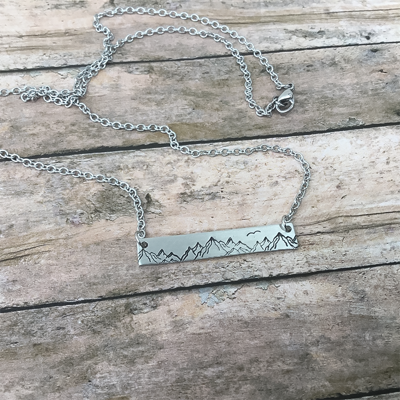 Mountain Range Stamped Bar Silver Necklace