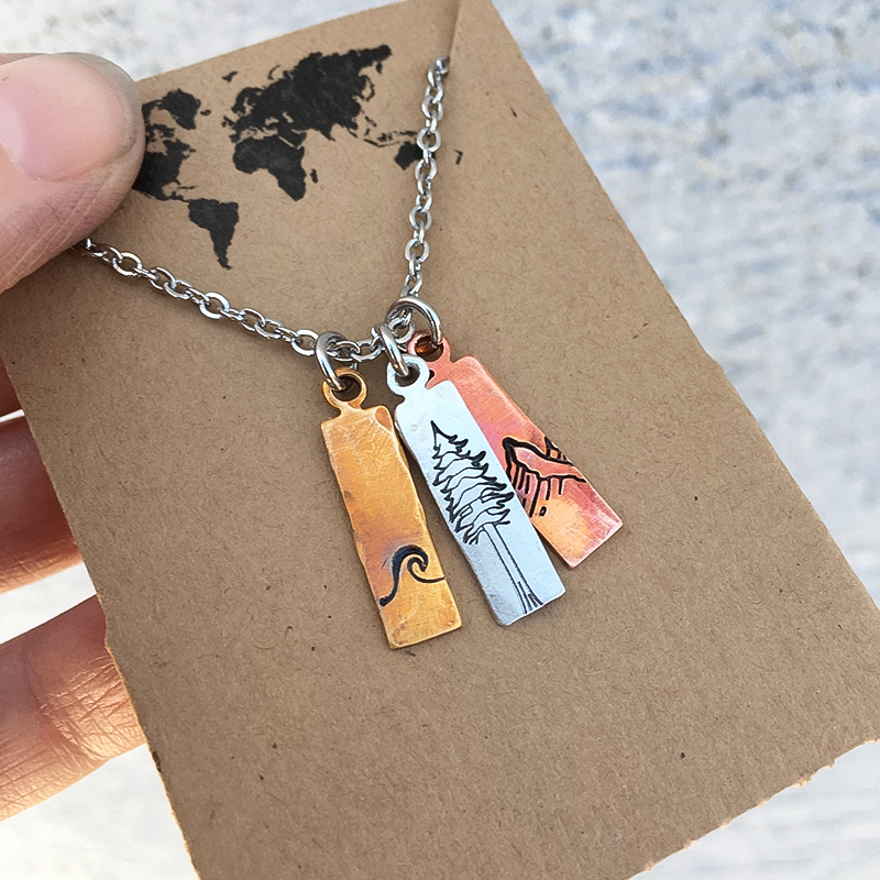 Nature Mixed Metal Charm Necklace (Waves, Mountains, Trees)